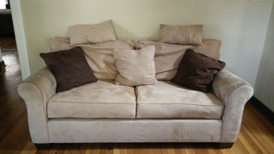 for-sale-tan-suede-loveseat-sofa-with-pillows