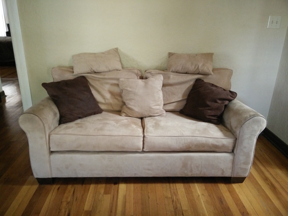 for-sale-tan-suede-loveseat-sofa-with-pillows